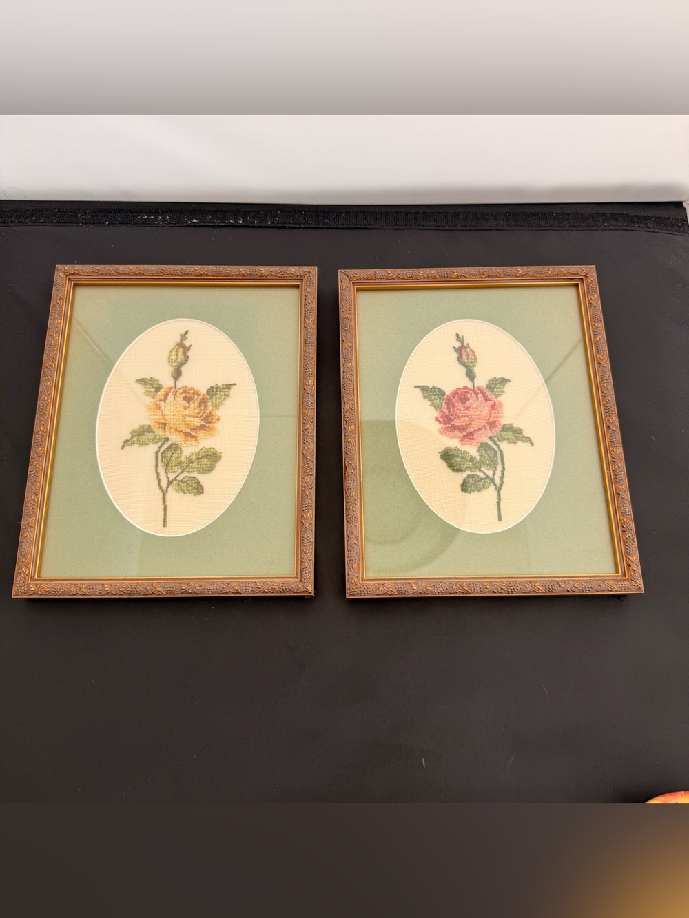 Set of 2 Vintage FRAMED NEEDLEPOINT Floral embroidery 9.5”x 8”